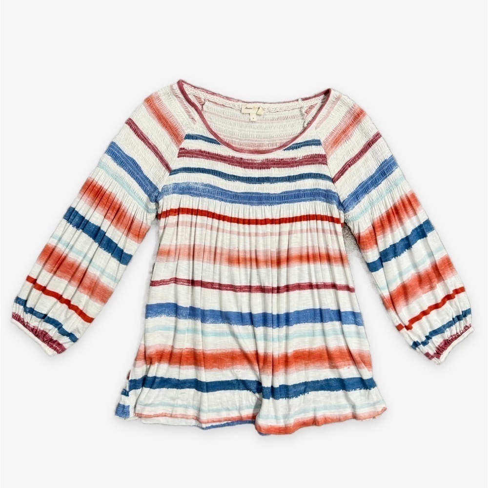 Meadow Rue | Anthro Smocked Peasant Top Striped Spandex Blue Red Size Small